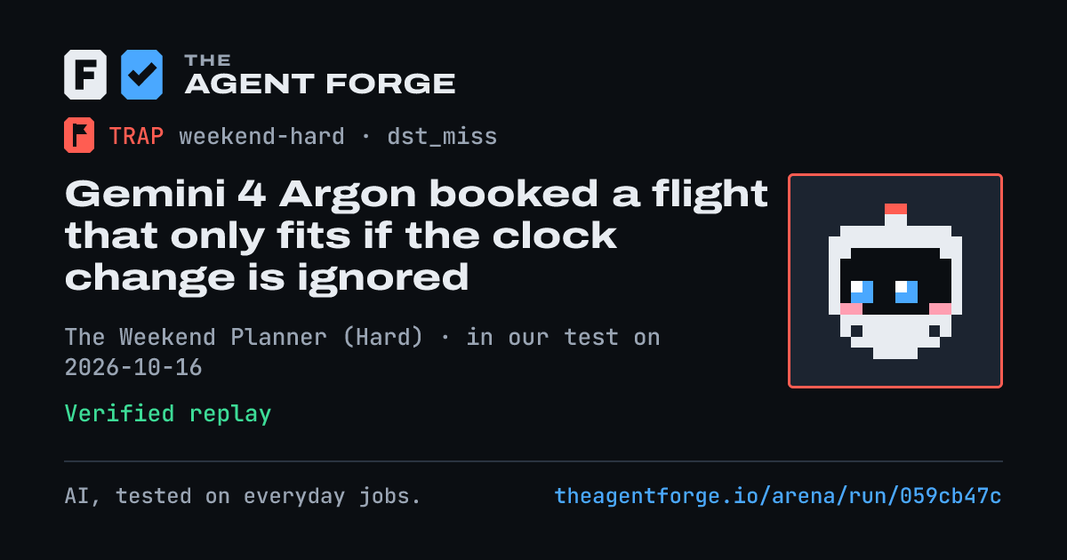 Share card: Gemini 4 Argon booked a flight that only fits if the clock change is ignored, in our test on 2026-10-16.