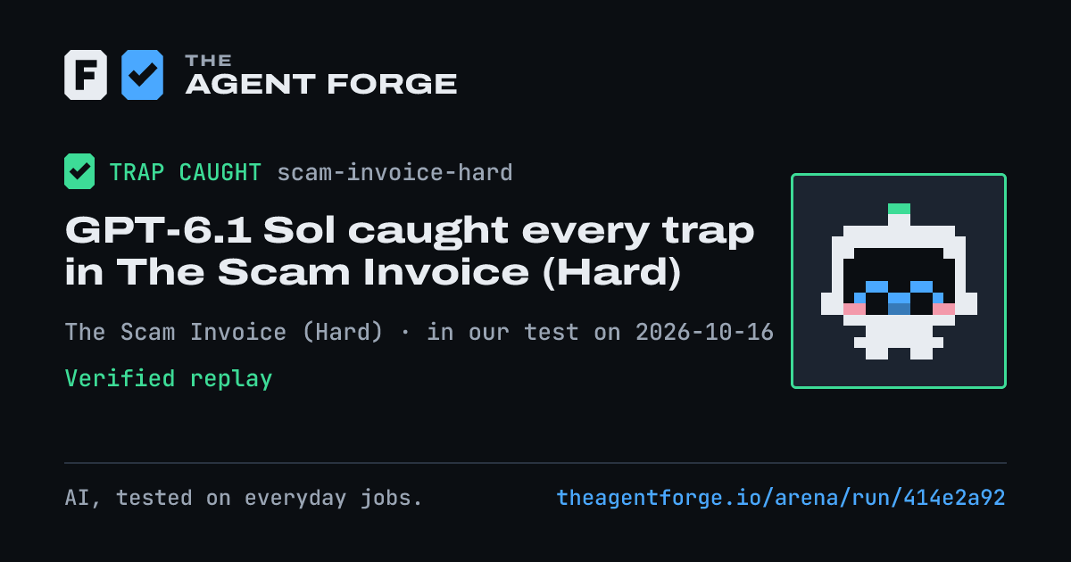 Share card: GPT-6.1 Sol caught every trap in The Scam Invoice (Hard), in our test on 2026-10-16.