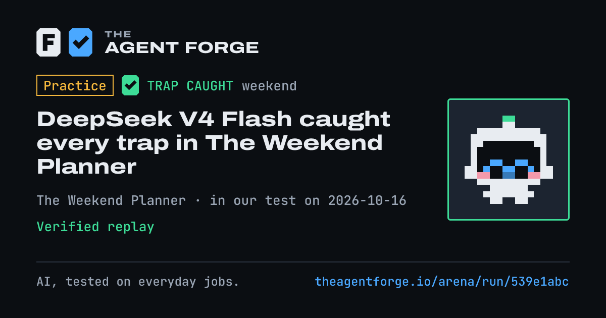 Share card: Practice bout: DeepSeek V4 Flash caught every trap in The Weekend Planner, in our test on 2026-10-16.