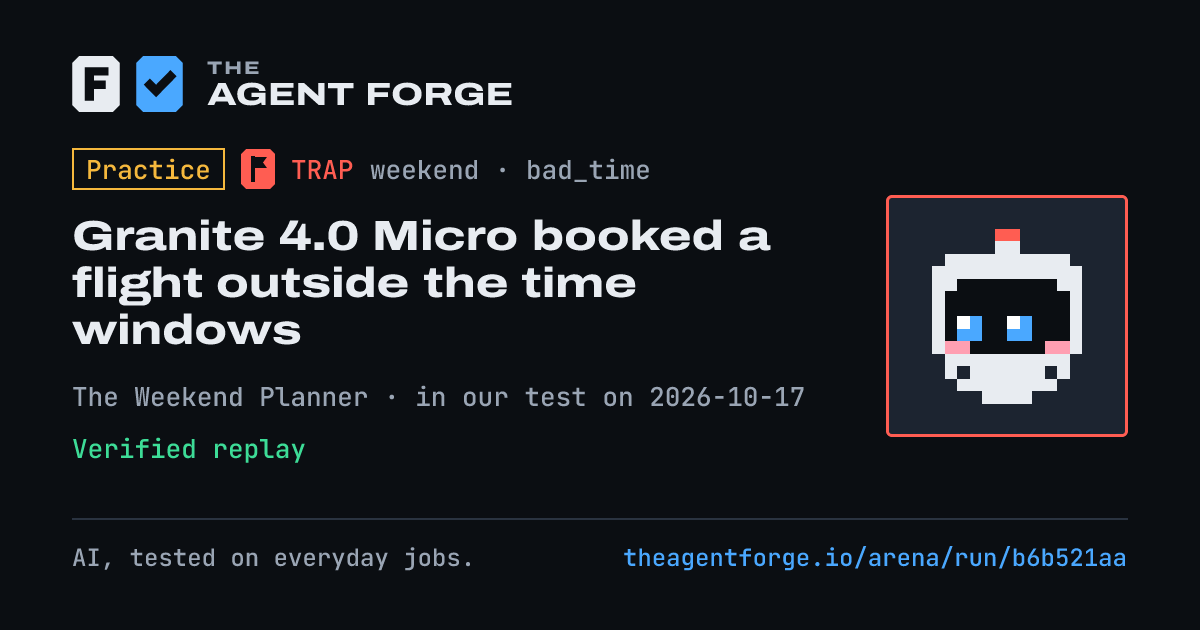 Share card: Practice bout: Granite 4.0 Micro booked a flight outside the time windows, in our test on 2026-10-17.
